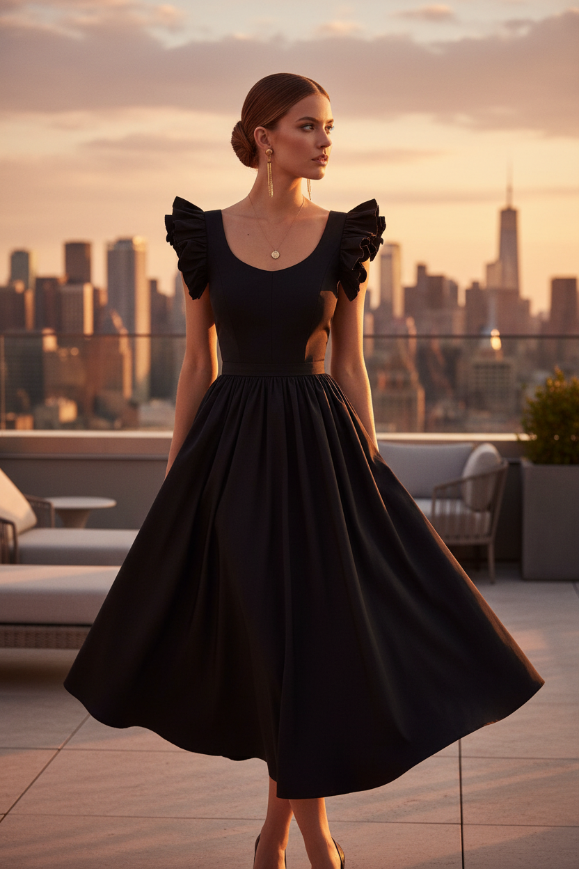 Black Ruffle Dress – Rooftop Sunset