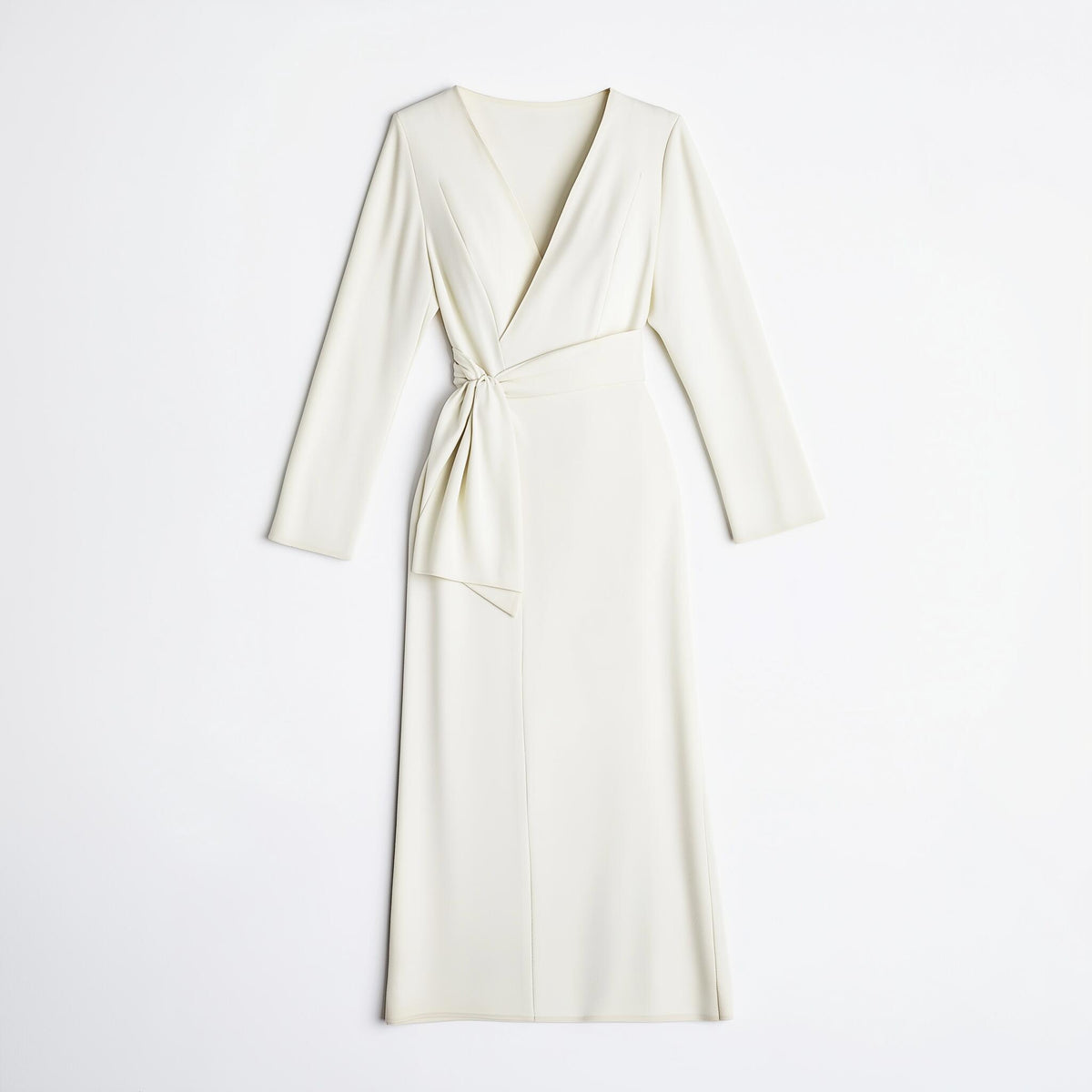 Ivory Long-Sleeve Wrap Midi Dress