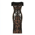 Black & Gold Sequin Off-Shoulder Midi Dress