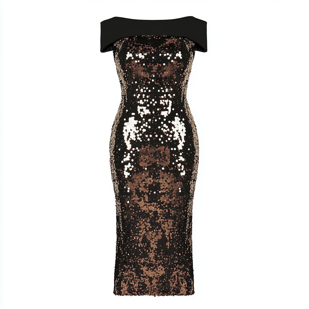 Black & Gold Sequin Off-Shoulder Midi Dress