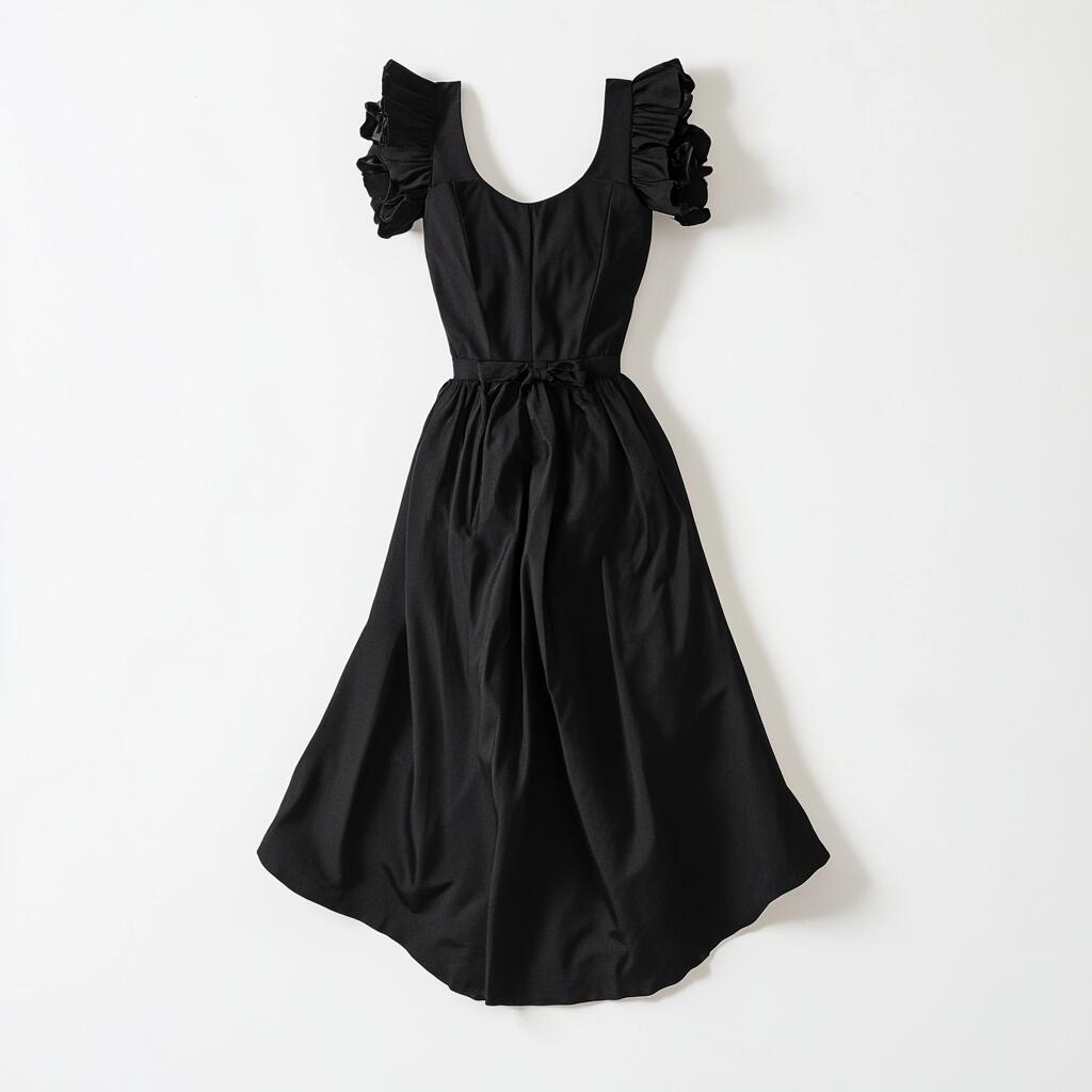 Black Ruffle Sleeve A-Line Midi Dress