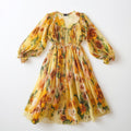 Yellow Floral Chiffon Midi Dress