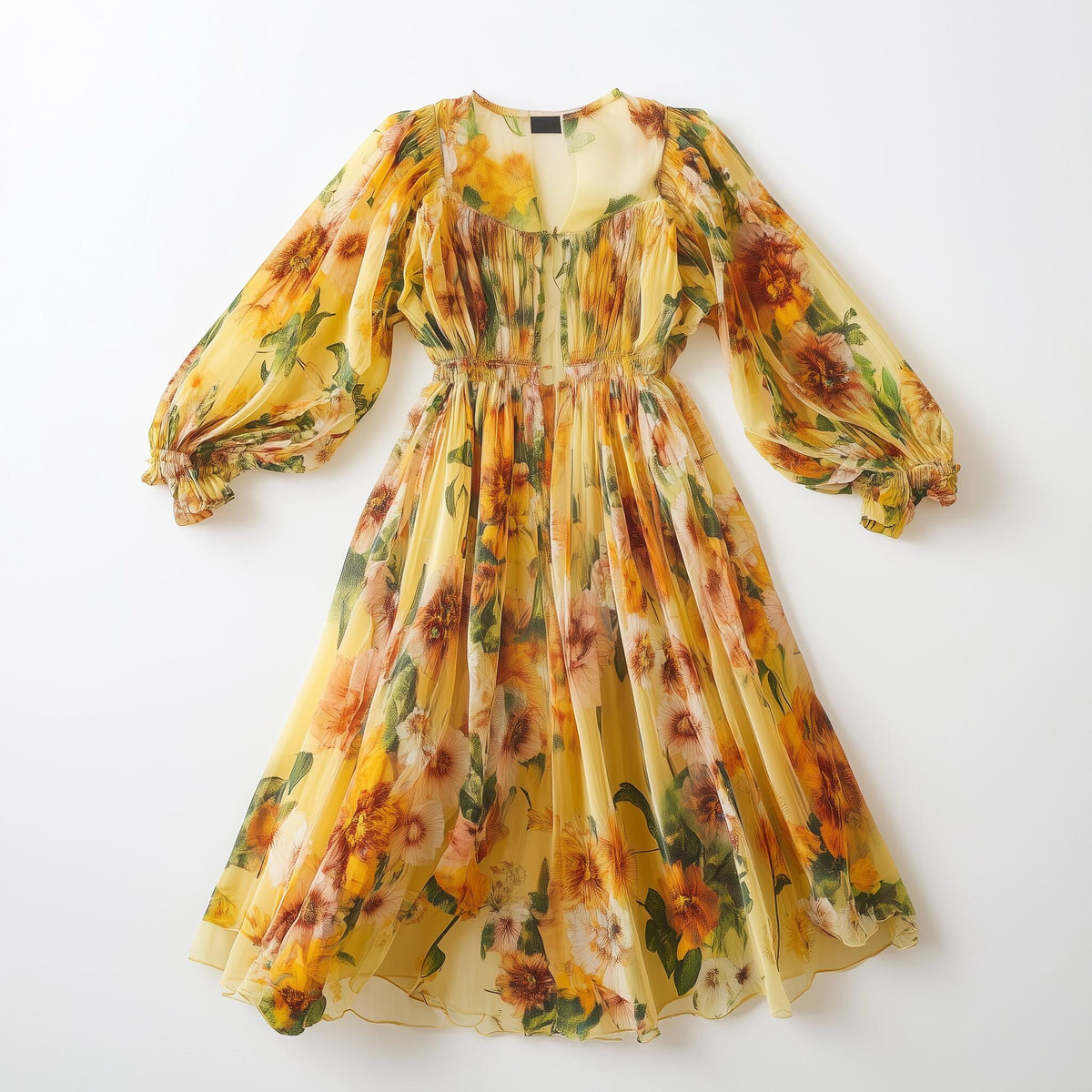 Yellow Floral Chiffon Midi Dress
