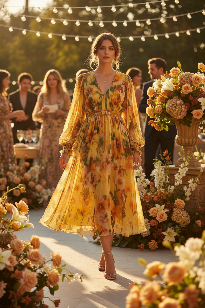 Yellow Floral Chiffon Midi Dress – Garden Party