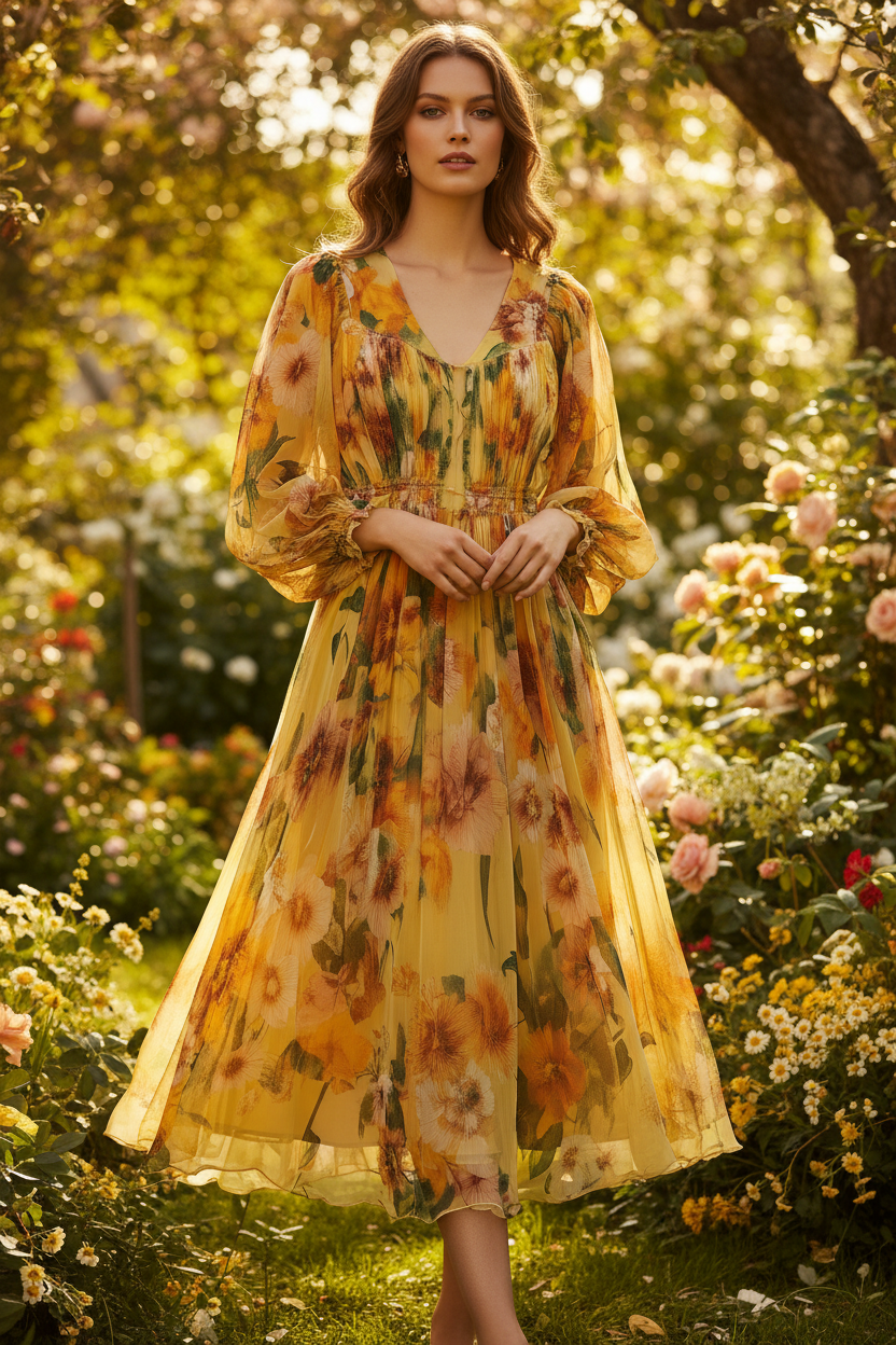 Yellow Floral Chiffon Midi Dress