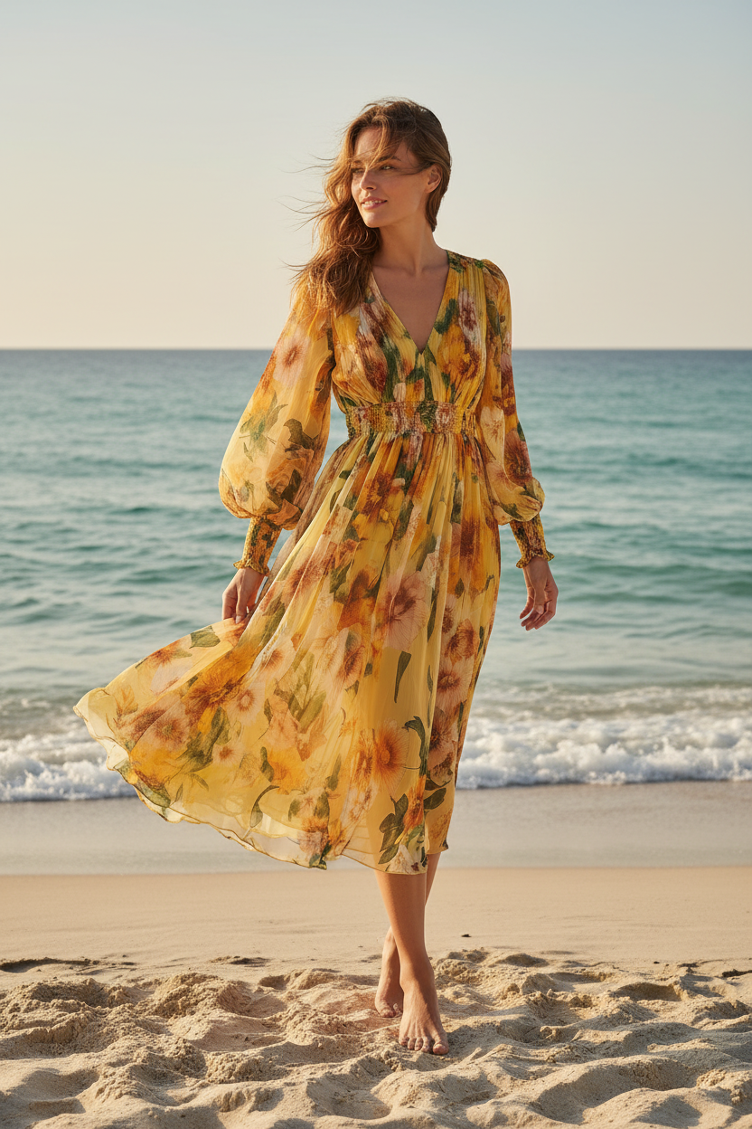 Yellow Floral Midi Dress – Beach