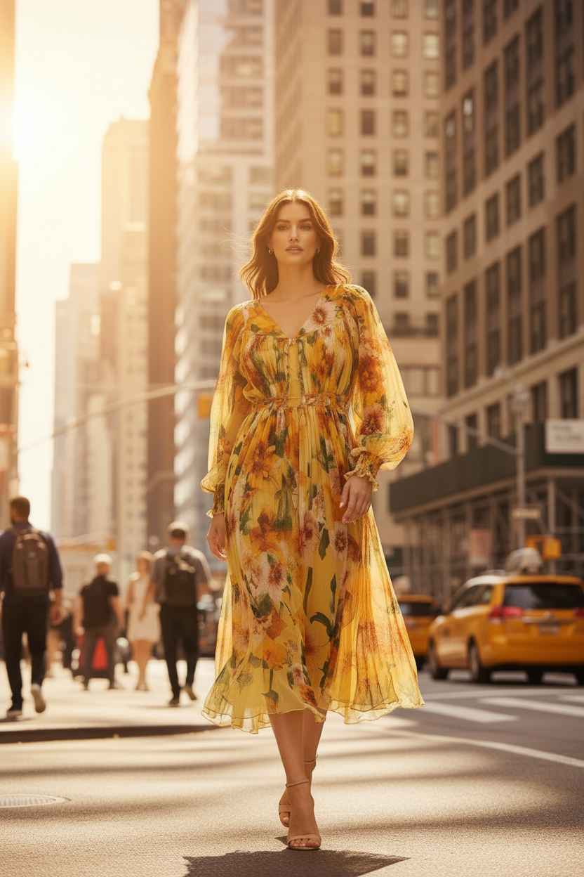 Yellow Floral Midi Dress – City Street Golden Hour