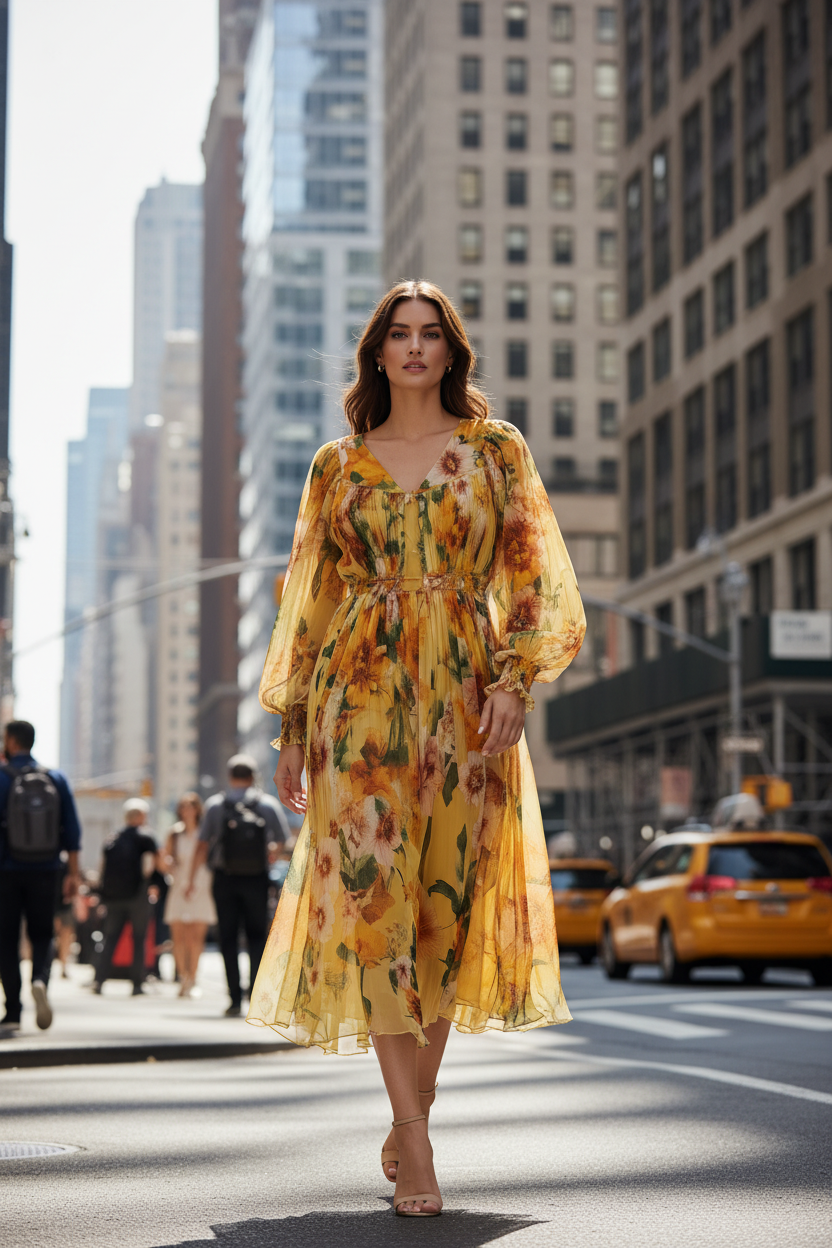 Yellow Floral Midi Dress – City Street