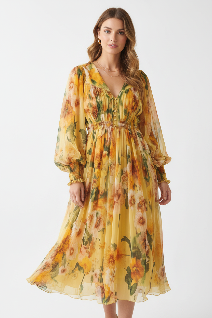 Yellow Floral Midi Dress – Studio